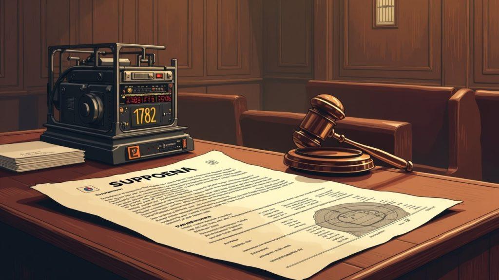 Semi-realistic courtroom desk with a 1782 subpoena, mining rig blueprint, and financial ledgers.