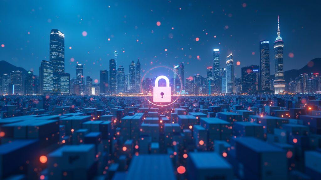 Cross-border blockchain hub connecting Hong Kong and Shanghai cargo data with eBLs and a secure ledger.