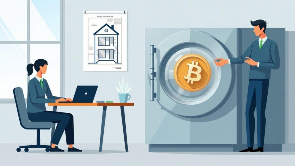 Borrower and loan officer in a modern office, crypto vault with BTC and USDC icons, and a house blueprint.