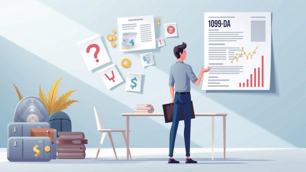 Puzzled crypto investor among multiple wallets, a 1099-DA form, and a cost-basis chart.