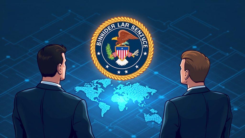 DOJ badge with three senators supervising a Binance-themed blockchain grid.