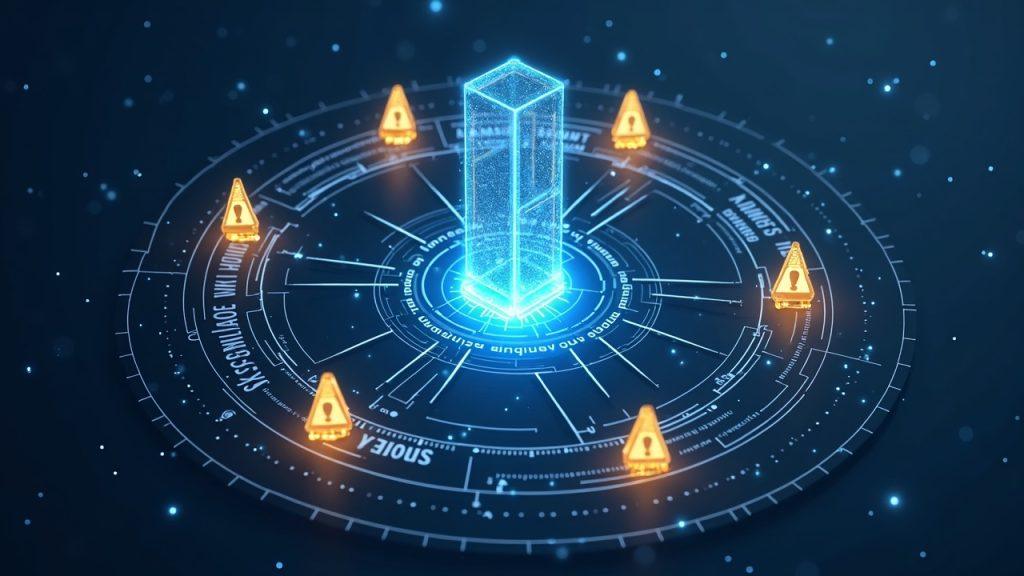 Illustrative crypto liquidity hub with warning badges around a blockchain, indicating regulatory and geopolitical risks.