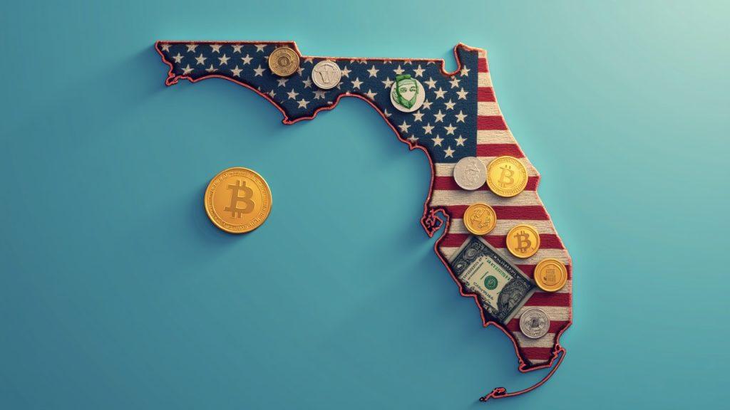 Semi-realistic Florida silhouette with 1:1 backed stablecoins, cash, Treasuries, OFR badge, and governor approval cue