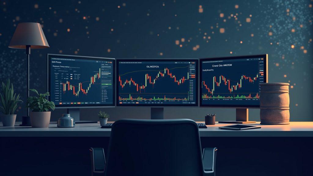 Semi-realistic illustration of a Hyperliquid trading desk showing oil charts, XRPoil data, and a faint blockchain lattice.
