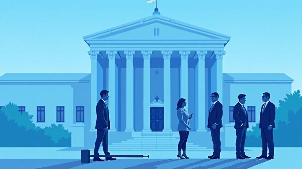 Semi-realistic illustration of Kalshi CEO beside an Arizona courthouse, with a state-versus-federal jurisdiction scale in blue tones.