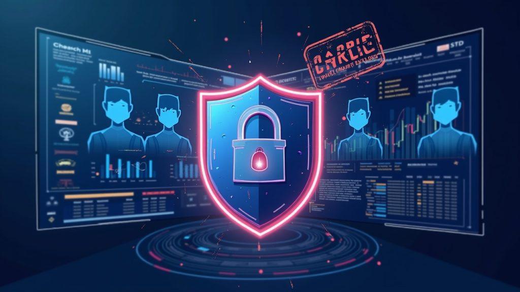 Hybrid trading-dashboard with Kalshi and Polymarket, a No Insider Trading stamp, and masked silhouettes behind a shield.