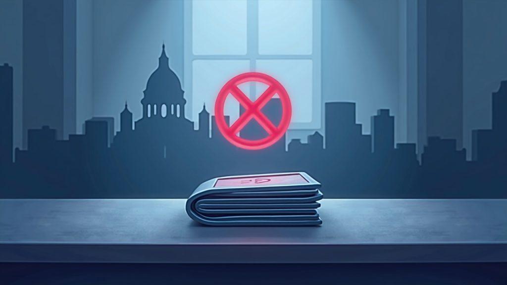 Semi-realistic illustration of a hardware wallet on a desk, with Kentucky Capitol silhouette and a red crossed-out reset icon.