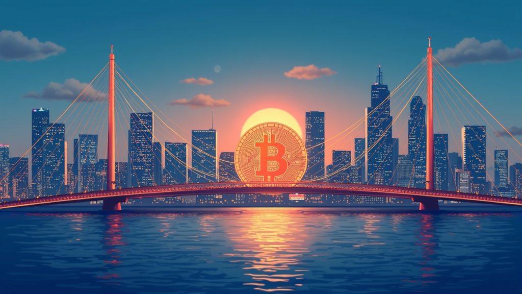 Semi-realistic Bitcoin coin bridging Tokyo and Miami skylines with network lines for venture and asset-management.