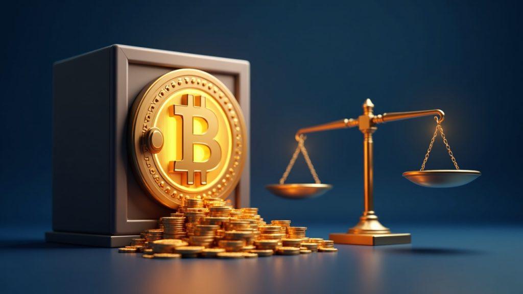 Semi-realistic treasury figure beside a Bitcoin vault, with ATM glow and a balance scale (TheChainObserver style).