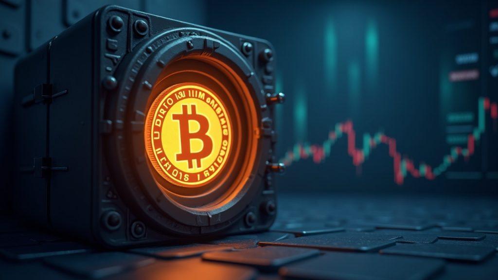 Realistic bank vault scene with a glowing Bitcoin coin, custody desk, and stock-exchange backdrop.