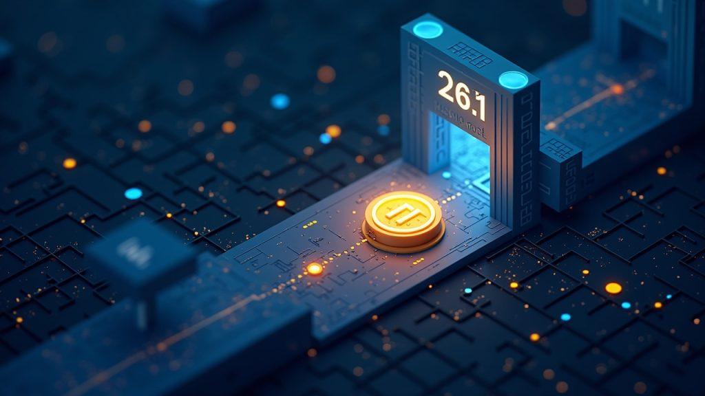 Realistic Nasdaq scene showing tokenized securities bridging the trading floor and an on-chain ledger, broker guiding a glowing token.