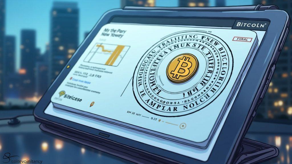 Semi-realistic Bitcoin wallet on a tablet with NYC skyline and a BitLicense seal.