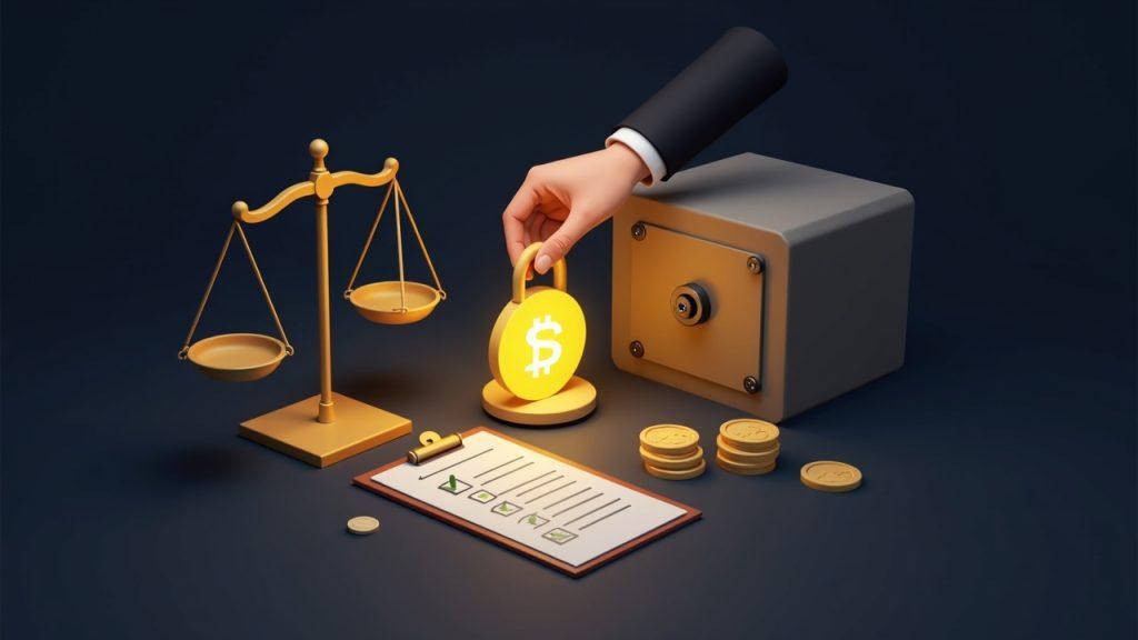 Regulator hand locks a glowing stablecoin icon beside a vault, a checklist and a balance scale signaling yield limits.