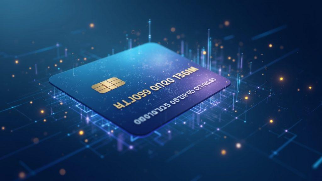 Semi-realistic crypto card morphing into an on-chain credit ledger with smart contracts and token collateral.