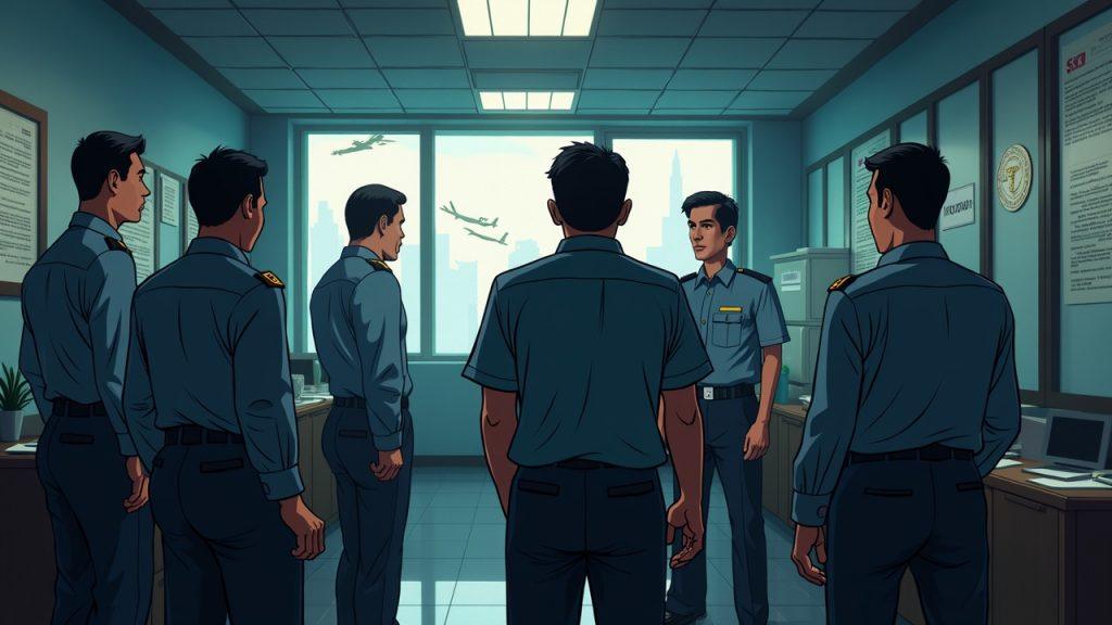Realistic illustration of ONUS founder and associates arrested by Vietnamese police in an office with crypto icons.