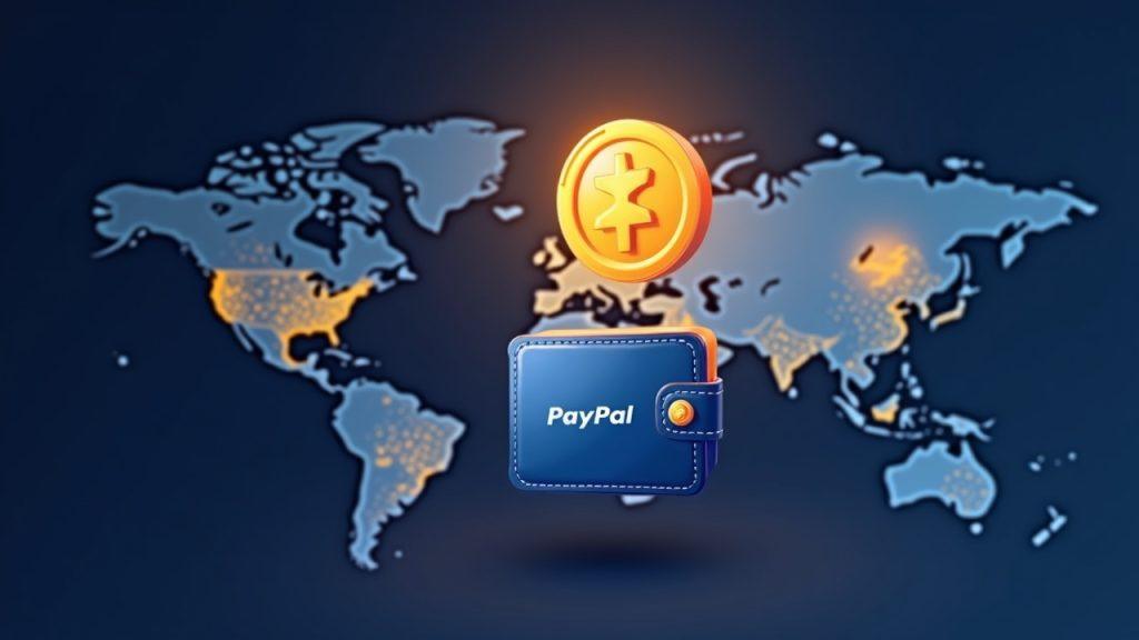 Semi-realistic PayPal wallet releasing PYUSD token over a world map highlighting 70 markets, with a custody shield.