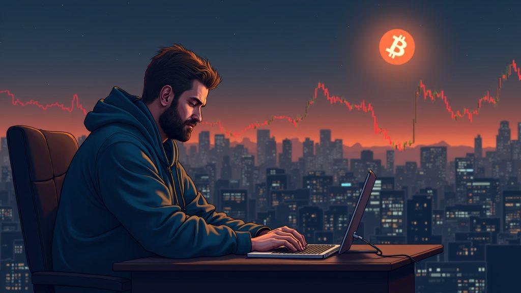 Semi-realistic veteran trader at a desk with Bitcoin logo; horizon hints at 60k support and 120k target.