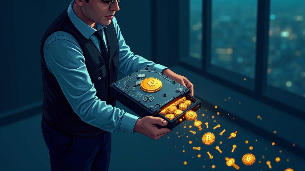 Semi-realistic scene of a police-vested figure seizing a hard drive with bitcoin private keys; glowing keys spill out.
