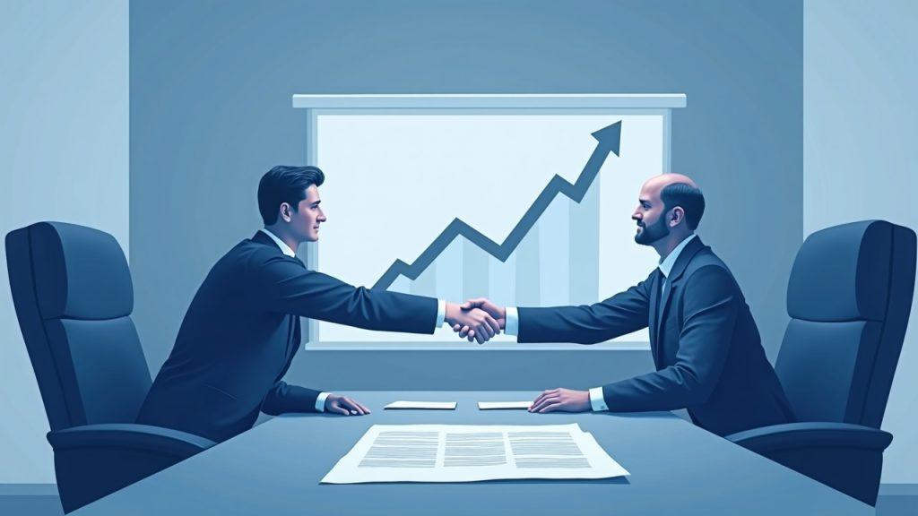 Boardroom handshake over a share buyback contract with rising equity chart on screen