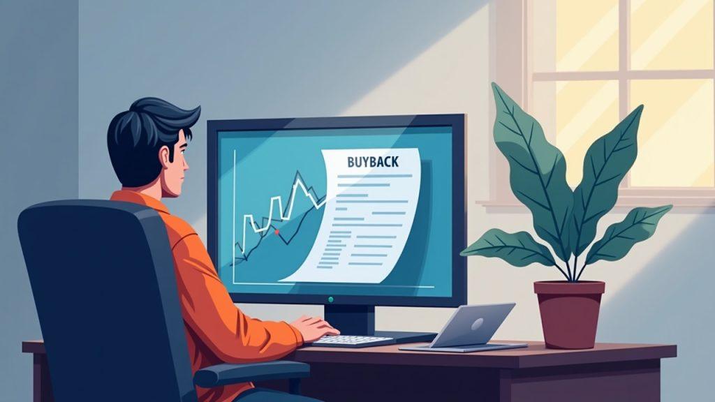 Trader at a desk viewing a downtrending Robinhood stock chart with a buyback document and a muted three-year horizon.
