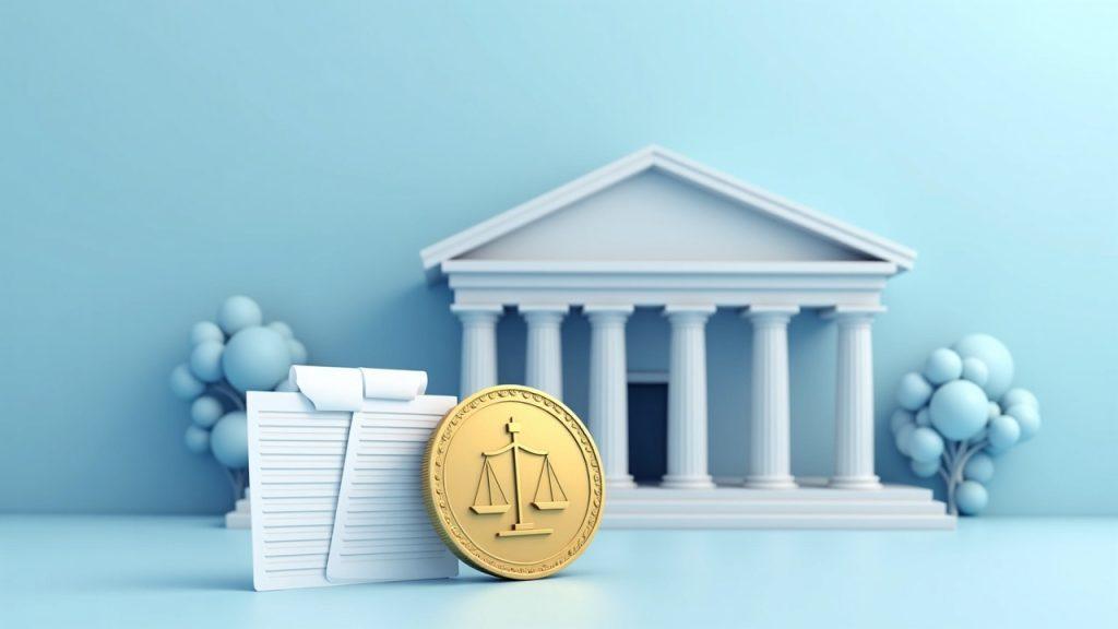 Semi-realistic Sanae Token coin before a government building, scales of justice, and regulatory papers in blue-gray tones.
