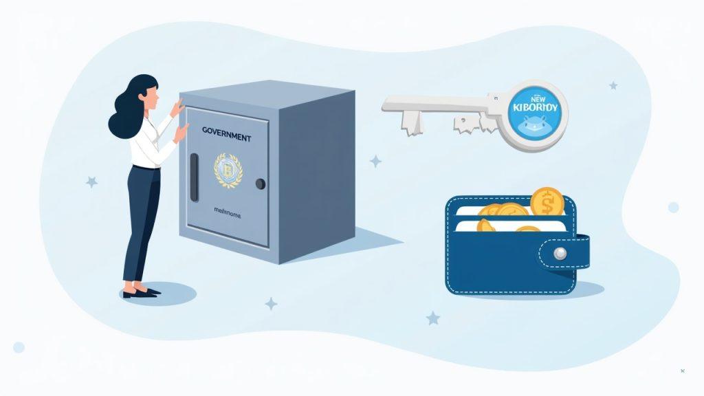 Semi-realistic illustration of a government crypto custody vault, a digital wallet with split private keys, and a KNPA badge.