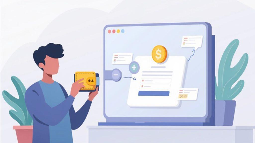 Donor links wallet on tablet to approve stablecoin donation; tokens flow to nonprofit icon in a calm, modern setting.