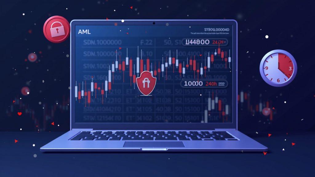 Semi-realistic Thai crypto trading dashboard showing 10,000 flagged accounts, a red lock, and a 24-hour hold clock.