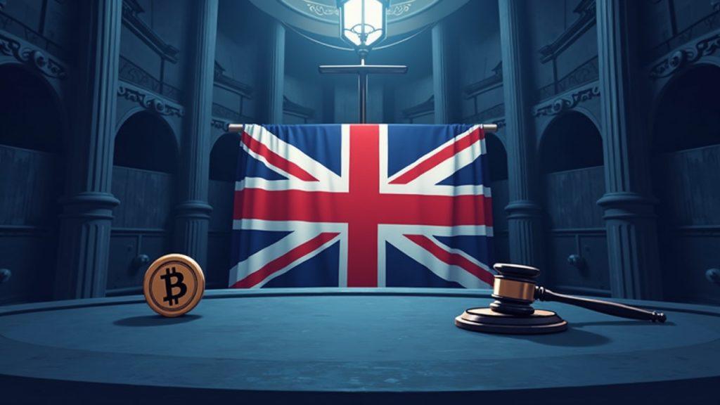 Semi-realistic UK parliament chamber illustration with a gavel, a crossed-out crypto coin, and a UK flag backdrop.