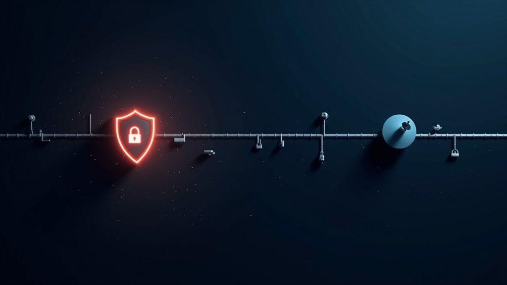 Dark online marketplace severed by a glowing shield, connected rails with locks; satellite dish and UK flag watermark.