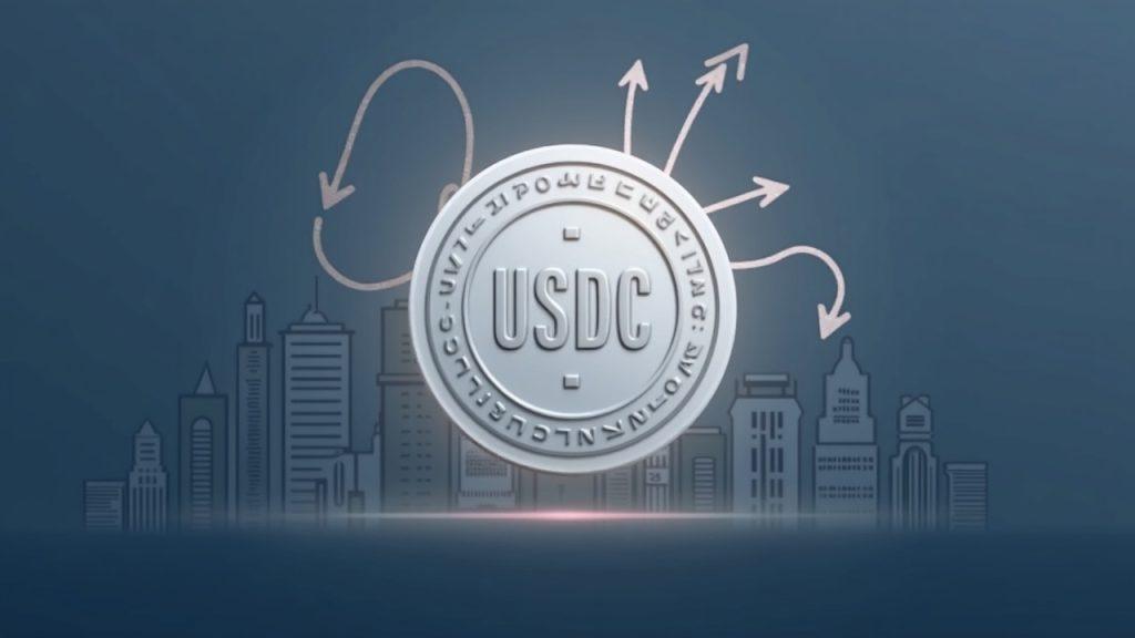 Semi-realistic central USDC coin with a glowing aura, arrows from Dubai skyline converge to it, illustrating UAE inflows boosting stablecoin demand.