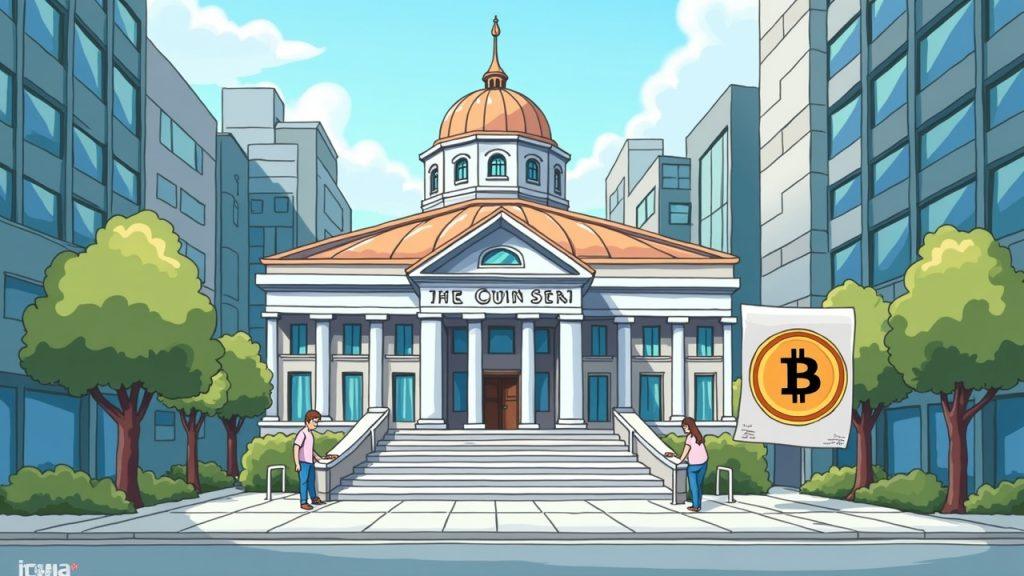 Semi-realistic Vancouver City Hall scene with a formal report and a subtle Bitcoin symbol, signaling regulatory limits on crypto reserves.
