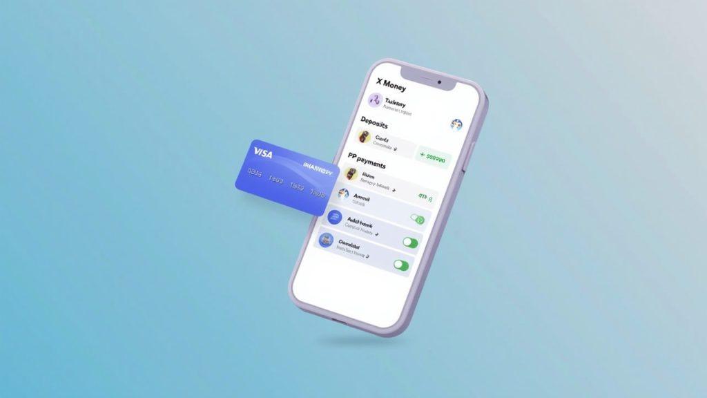 Semi-realistic smartphone screen showing X Money wallet with deposits, P2P payments, and a Visa card.