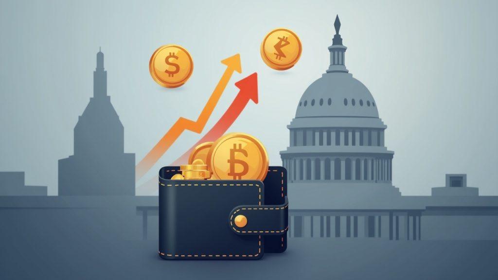 Digital wallet with floating stablecoins and yield arrows, set against a Capitol silhouette.