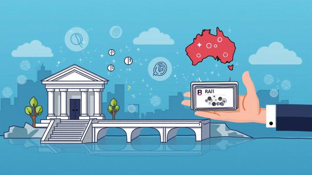 Semi-realistic bank connected to tokenized fiat via a bridge, illustrating interoperable A2A rails in Australia.