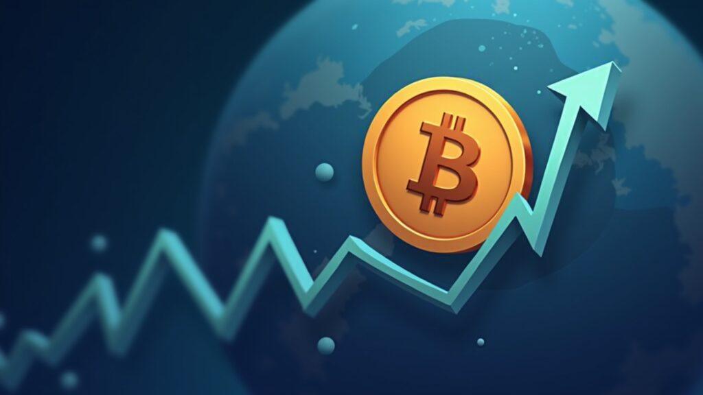 Bitcoin price chart breaking 71k with a pause icon and a calm globe backdrop.