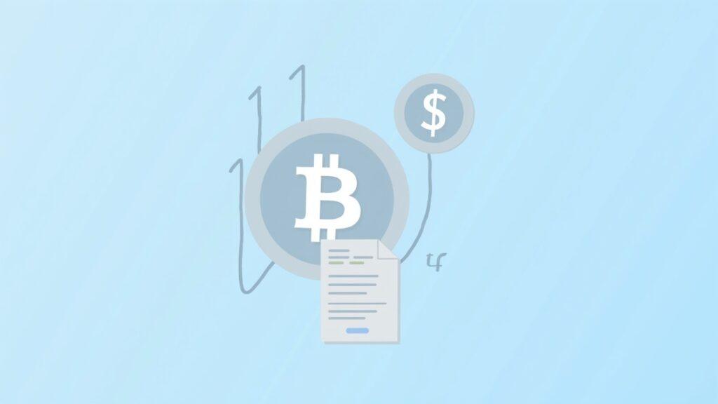 Semi-realistic Bitcoin symbol with rising inflow arrows and a document icon for an income-focused ETF on a calm blue-gray background