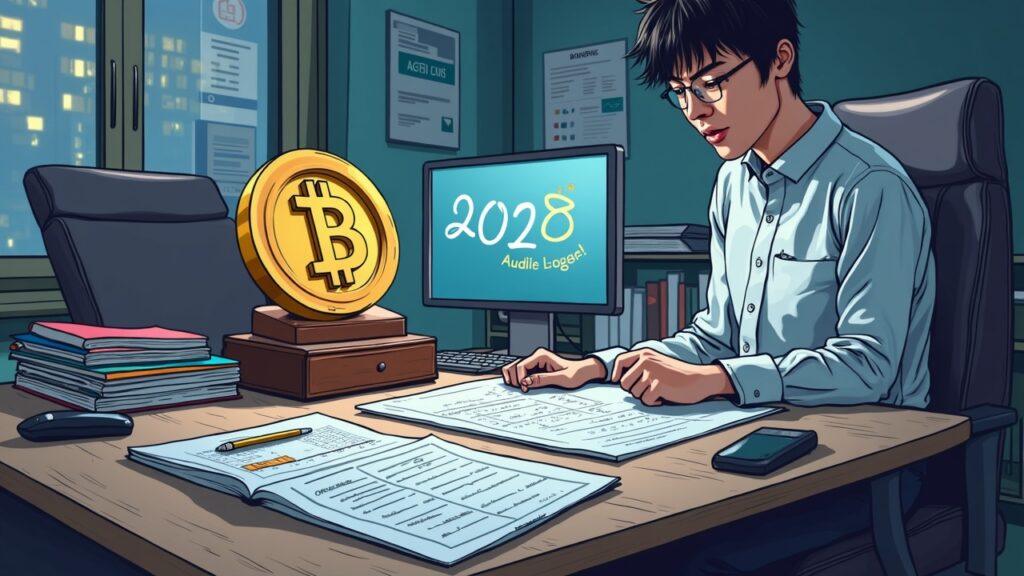 Semi-realistic crypto exchange office with 2028 calendar, audit ledgers and governance papers signaling Bithumb IPO delay.