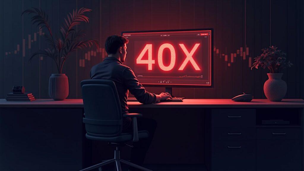 Realistic hybrid illustration of a crypto trader at a sleek desk, monitor shows a red 40x Bitcoin short liquidation alert.