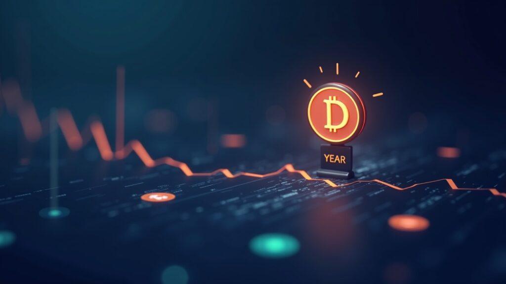 Semi-realistic crypto exchange scene with a central debut token fading over a year, others in soft focus.