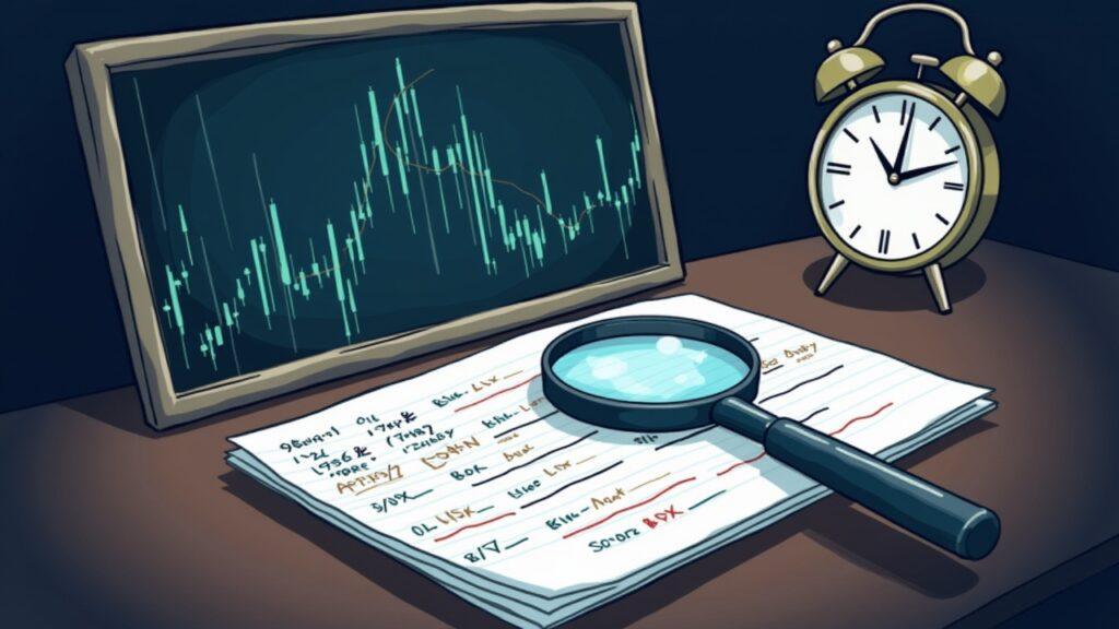 Semi-realistic trader desk with oil futures charts, clock, magnifying glass over a trade log, depicting an insider-trading probe.