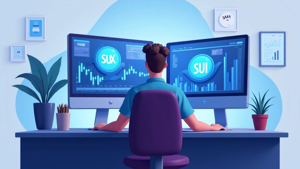 Semi-realistic trading desk with two monitors showing AVAX and SUI icons, a focused trader, and a 24/7 indicator.