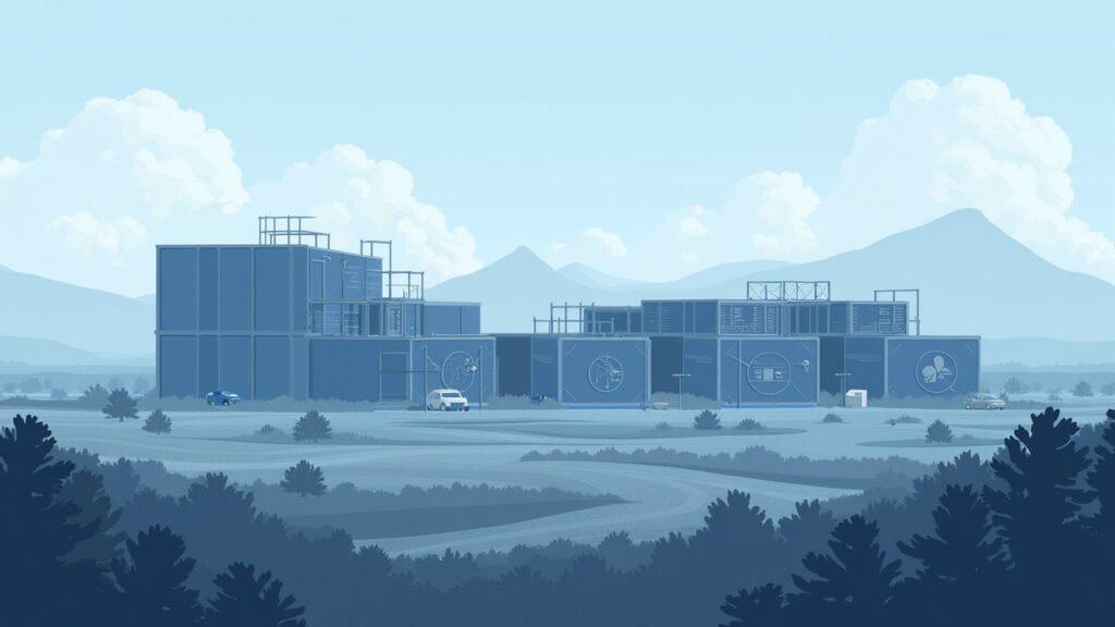 Semi-realistic illustration of Core Scientific's Pecos data center: Bitcoin mining rigs morphing into AI servers across a Texas landscape.