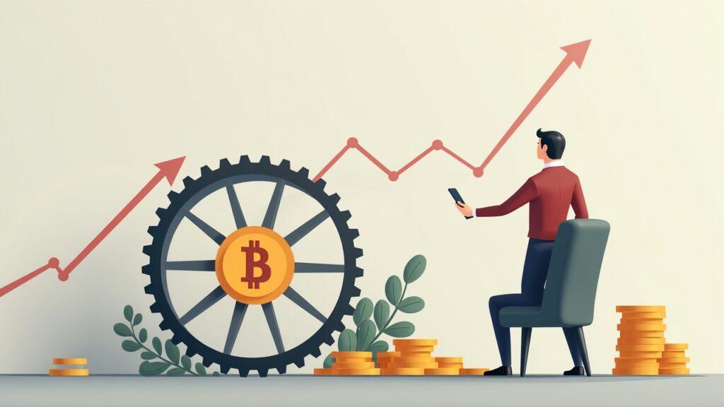 Semi-realistic illustration of a corporate treasurer directing funds into Bitcoin via a flywheel, with a rising price trend.