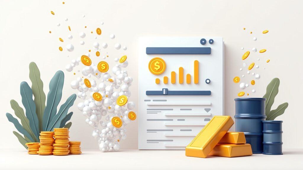 Semi-realistic crypto exchange hub with flowing altcoins on the left and oil and gold futures on the right.