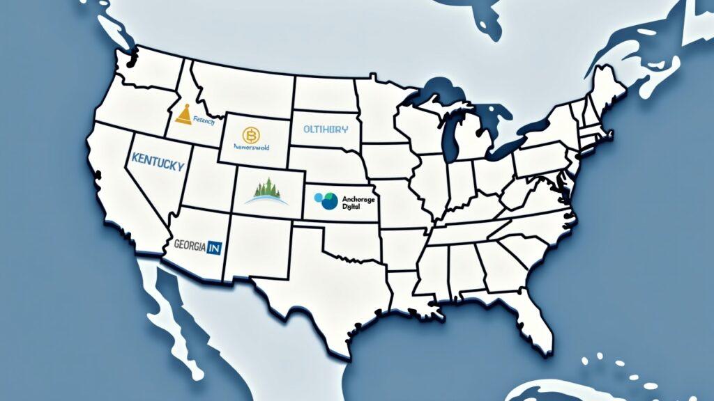 PAC ledger with Cantor Fitzgerald, Anchorage Digital, and Tether icons over a U.S. map highlighting KY, NE, GA.
