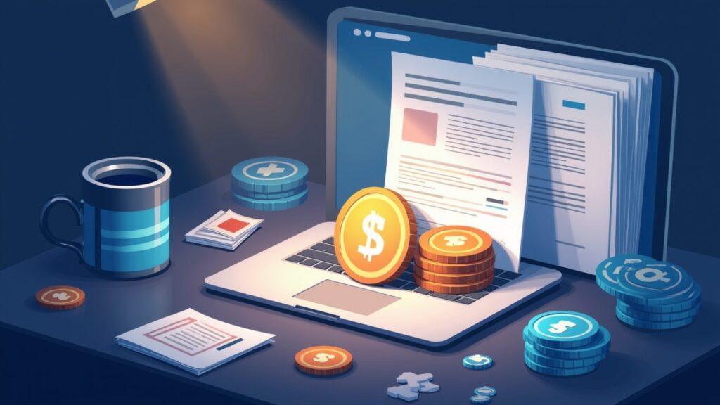 Semi-realistic illustration of the DOJ remission portal for OneCoin victims, with official documents and recovered assets.