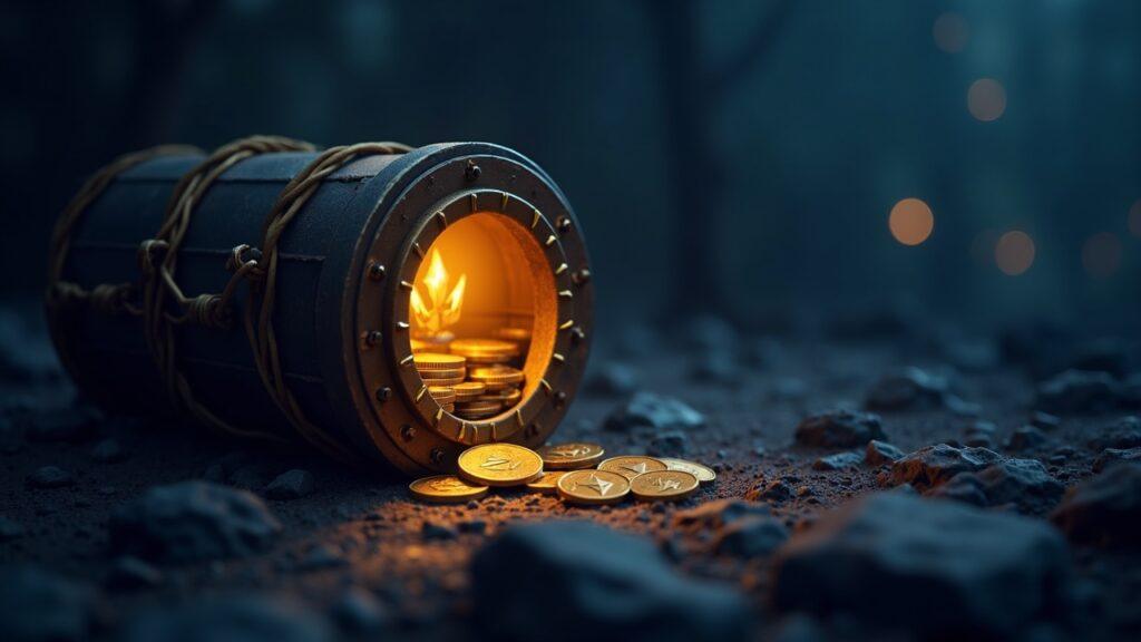 Semi-realistic crypto treasury vault with Ethereum coins, glowing staking nodes, and a restrained geopolitical backdrop.