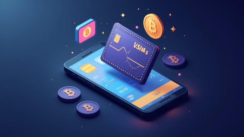 Semi-realistic illustration of a crypto wallet transforming into a mobile payments screen with a virtual Visa card, tap-to-pay icon, and Bitcoin/stablecoins.