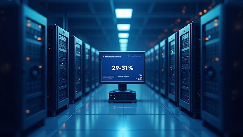 Realistic data center with cooling racks and a monitor showing 29–31% Zcash pool share, illustrating Foundry.